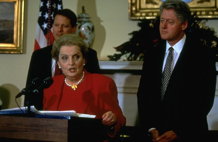 Madeleine Albright (center) seen here in 1996, served as secretary of state under President Bill Clinton.