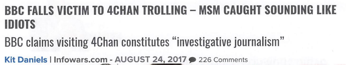 A headline written by Kit Daniels for Infowars in 2017.