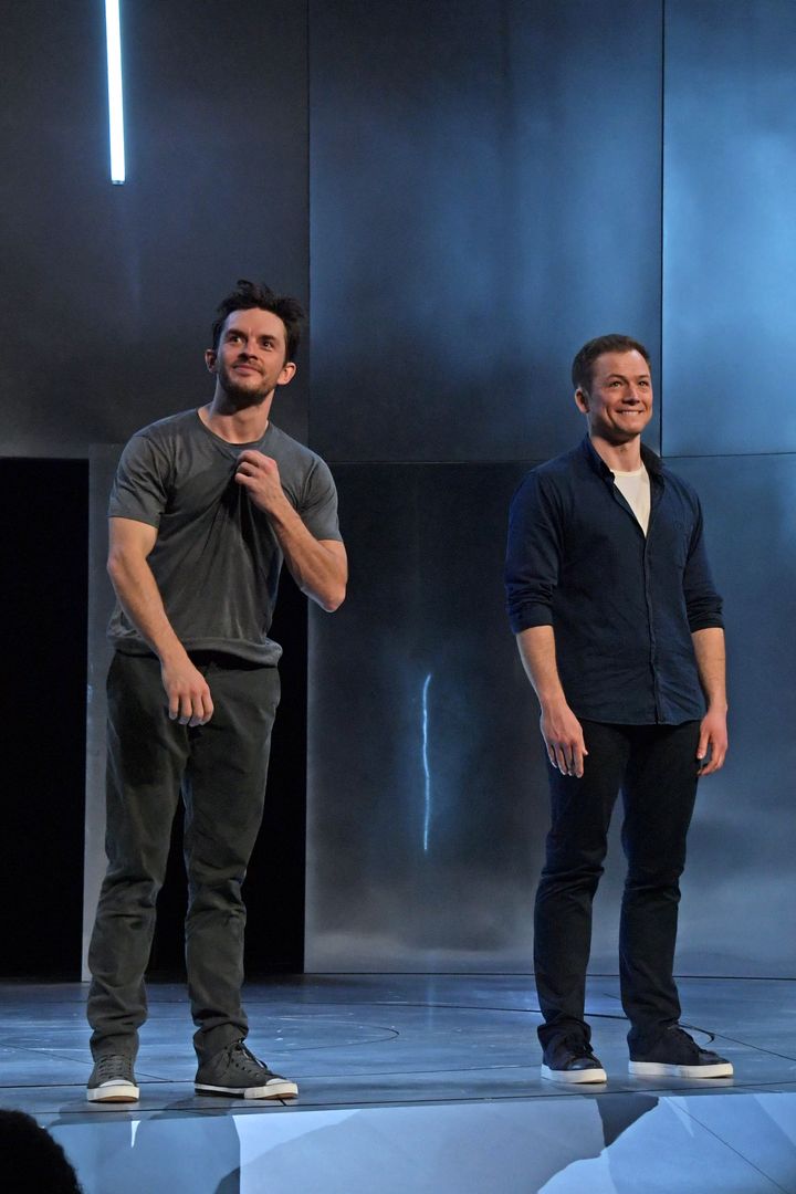 Jonathan Bailey and Taron Egerton pictured on stage