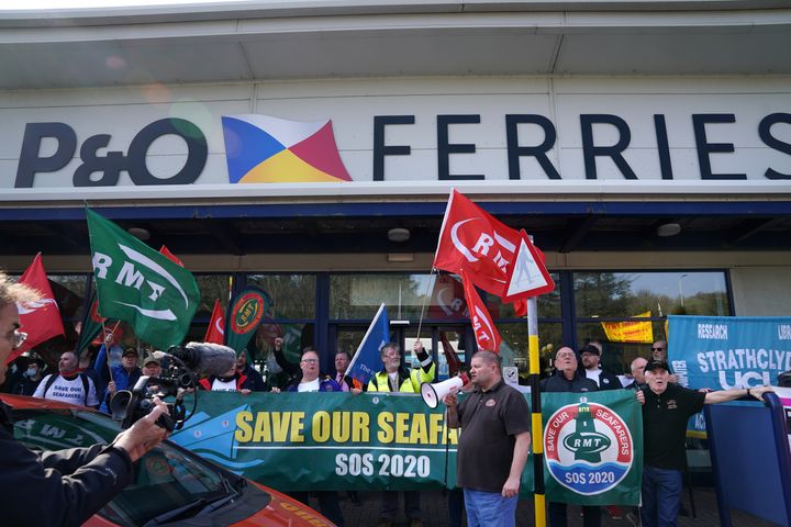 People take part in a demonstration against the dismissal of P&O workers organised by the RMT union at the P&O ferry terminal in Cairnryan, Dumfries and Galloway.