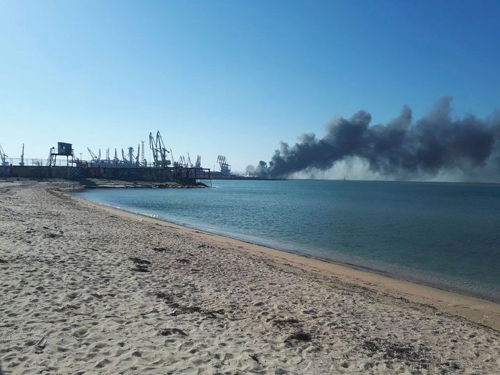Ukraine's navy reported Thursday that it has sunk the Russian ship Orsk in the Sea of Asov near the port city of Berdyansk. Smoke is seen billowing near that port.