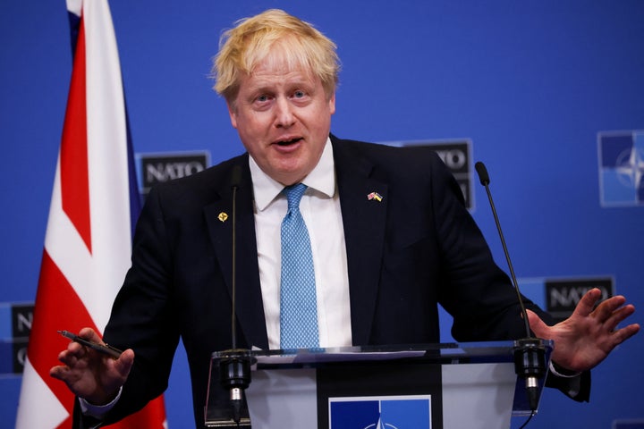 <strong>Boris Johnson addresses the media during a press conference following a Nato summit on Russia's invasion of Ukraine.</strong>