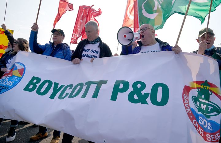 A demonstration against the dismissal of P&O workers organised by the Rail, Maritime and Transport (RMT) union at the P&O ferry terminal in Cairnryan, Dumfries and Galloway.