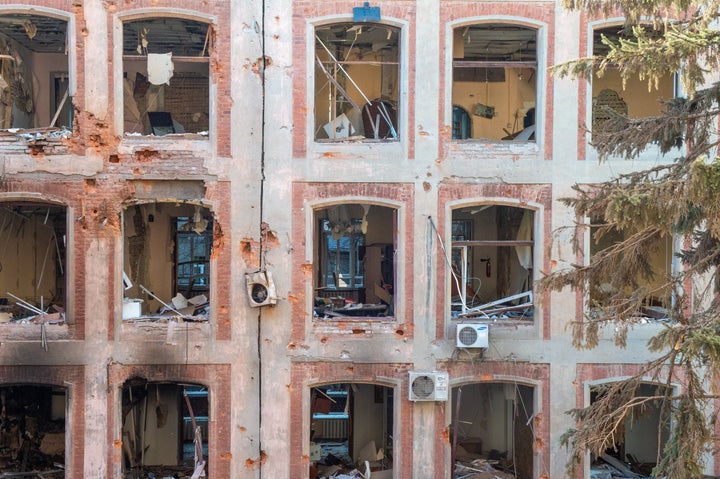 The building of the Faculty of Economics of the V. N. Karazin Kharkiv National University, destroyed by a Russian missile in Kharkiv, Ukraine on March 24, 2022.