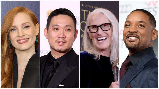 左からジェシカ・チャステイン(主演女優賞)、濱口竜介(監督賞)、ジェーン・カンピオン(監督賞)、ウィル・スミス(主演男優賞)