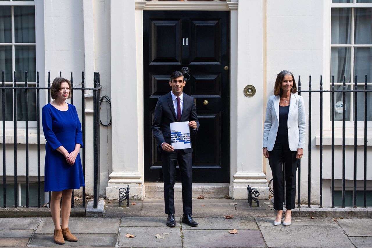 Chancellor of the Exchequer Rishi Sunak with Dame Carolyn Julie Fairbairn, Director General of the CBI, and Frances O'Grady, General Secretary of the TUC.