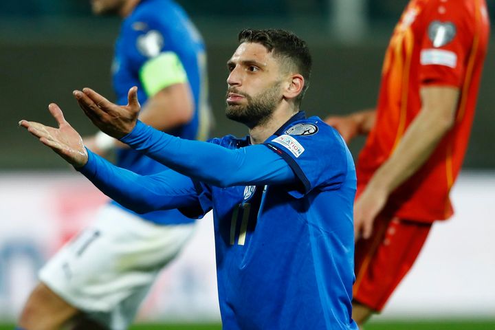 PALERMO, ITALY - MARCH 24: Domenico Berardi of Italy looks dejected during a knockout defeat to North Macedonia on Thursday.