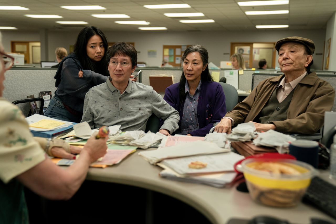 Stephanie Hsu, Ke Huy Quan, Michelle Yeoh, James Hong and Jamie Lee Curtis in "Everything Everywhere All at Once."