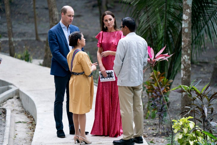 The Duke and Duchess of Cambridge speak with Governor General of Belize Froyla Tzalam and her husband, Daniel Mendeza, during a special reception hosted by the governor general in celebration of the queen's platinum jubilee on March 21 in Cahal Pech, Belize.