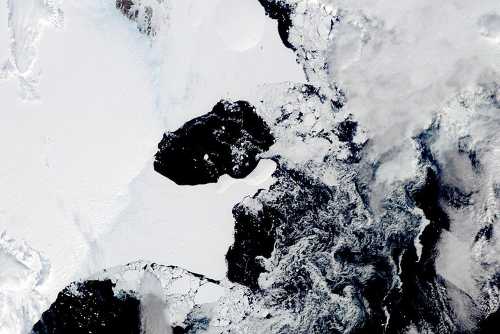 This satellite image provided by NASA on February 2022 shows the ice shelf and surrounding area pre-collapse.