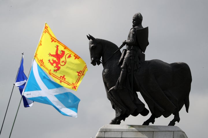 A Scottish independence demonstration at the Robert the Bruce statue at the Battle of Bannockburn site near Stirling.