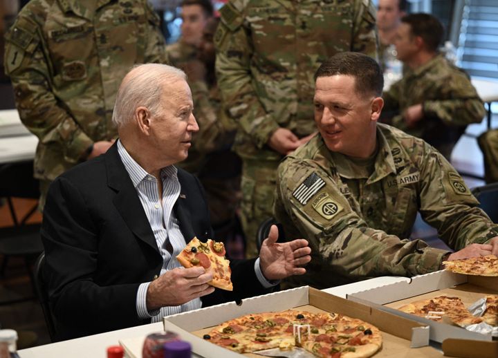 Joe Biden meets service members from the 82nd Airborne Division in the city of Rzeszow in southeastern Poland, around 62 miles from the border with Ukraine.