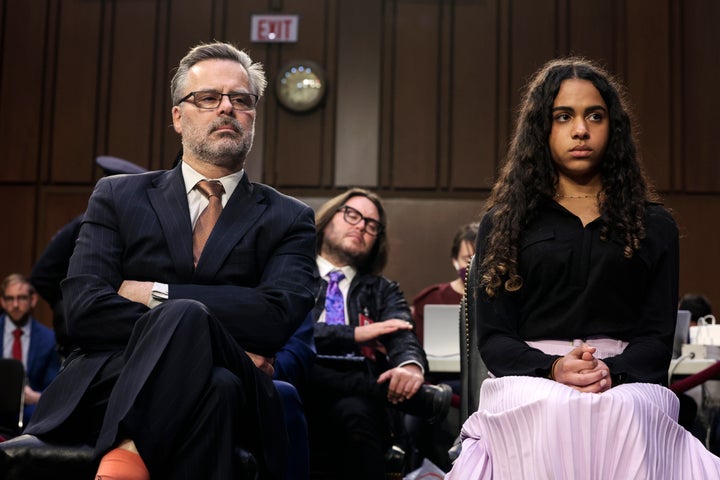 Patrick Jackson, the husband of U.S. Supreme Court nominee Judge Ketanji Brown Jackson, and their daughter Leila Jackson listen as Sen. Marsha Blackburn (R-TN) speaks at the confirmation hearing before the Senate Judiciary Committee in the Hart Senate Office Building on Capitol Hill March 23, 2022 in Washington, DC.