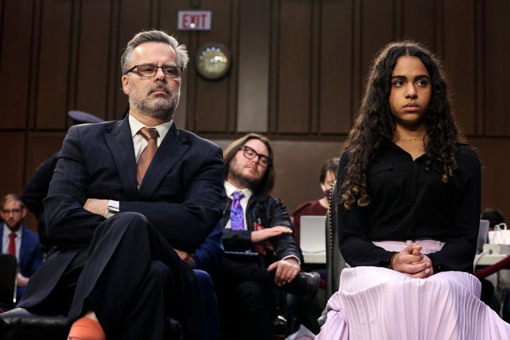  Patrick Jackson, the husband of U.S. Supreme Court nominee Judge Ketanji Brown Jackson, and their daughter Leila Jackson listen as Sen. Marsha Blackburn (R-TN) speaks at the confirmation hearing before the Senate Judiciary Committee in the Hart Senate Office Building on Capitol Hill March 23, 2022 in Washington, DC.