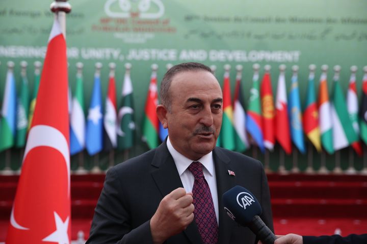 ISLAMABAD, PAKISTAN - MARCH 22: Turkish Foreign Minister Mevlut Cavusoglu speaks to press during The Organization of Islamic Cooperation (OIC) Contact Group meeting, in Islamabad, Pakistan on March 22, 2022. (Photo by Muhammed Semih Ugurlu/Anadolu Agency via Getty Images)