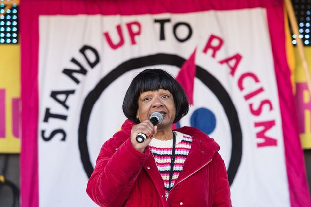 Labour MP Diane Abbott speaks to demonstrators gathered in Parliament Square during a rally against racism as part of United Nations Anti-Racism Day in London, United Kingdom on March 19, 2022. 