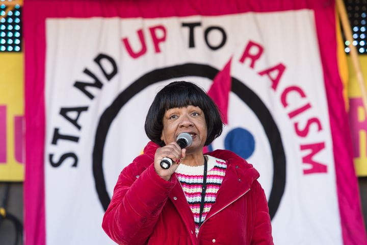 Labour MP Diane Abbott speaks to demonstrators gathered in Parliament Square during a rally against racism as part of United Nations Anti-Racism Day in London, United Kingdom on March 19, 2022. 