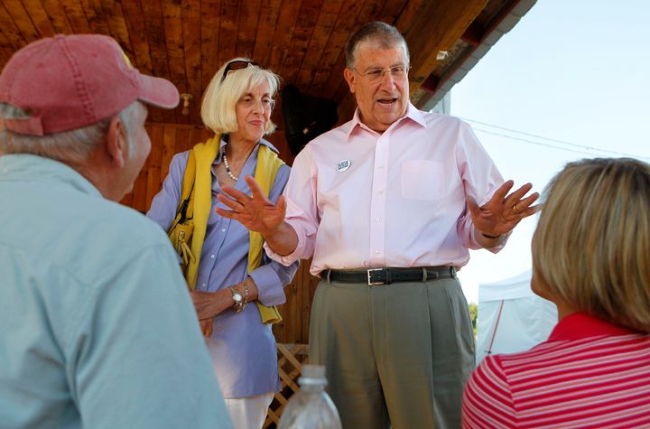 Former independent gubernatorial candidate Eliot Cutler campaigns with his wife, Melanie Cutler on Aug. 13, 2010, in Topsham, Maine. Maine State Police have executed search warrants at two homes belonging to Cutler.
