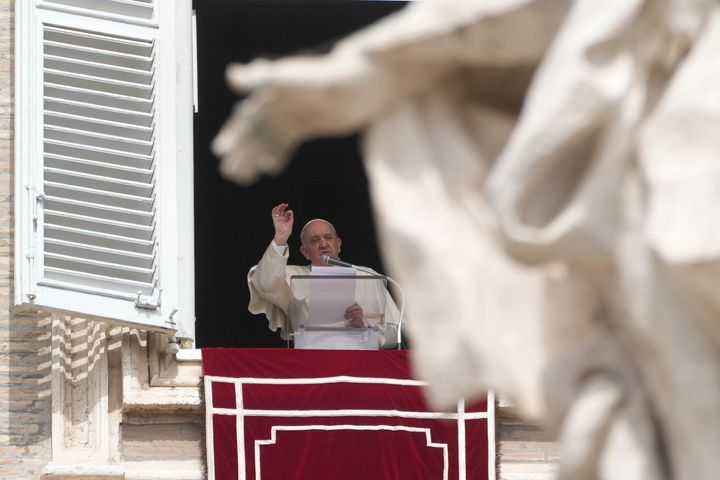 Pope Francis delivers his message in St. Peter's Square during the Angelus noon prayer at the Vatican, Sunday, March 27, 2022. (AP Photo/Gregorio Borgia)