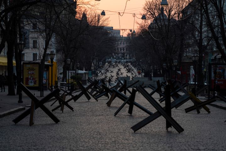 Anti-tank barricades are placed on a street as preparation for a possible Russian offensive, in Odesa, Ukraine, March 24, 2022. (AP Photo/Petros Giannakouris, File)