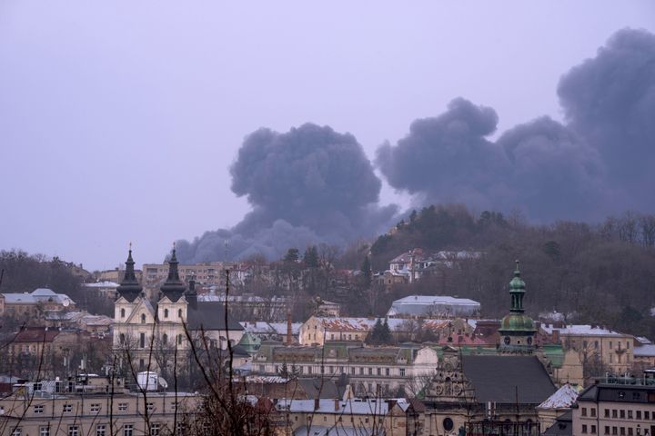 Smoke rises the air in Lviv, western Ukraine, Saturday, March 26, 2022. With Russia continuing to strike and encircle urban populations, from Chernihiv and Kharkiv in the north to Mariupol in the south, Ukrainian authorities said Saturday that they cannot trust statements from the Russian military Friday suggesting that the Kremlin planned to concentrate its remaining strength on wresting the entirety of Ukraine's eastern Donbas region from Ukrainian control.
