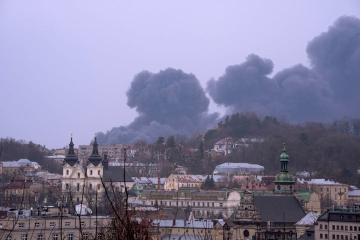 Smoke rises the air in Lviv, western Ukraine, Saturday, March 26, 2022. With Russia continuing to strike and encircle urban populations, from Chernihiv and Kharkiv in the north to Mariupol in the south, Ukrainian authorities said Saturday that they cannot trust statements from the Russian military Friday suggesting that the Kremlin planned to concentrate its remaining strength on wresting the entirety of Ukraine's eastern Donbas region from Ukrainian control.