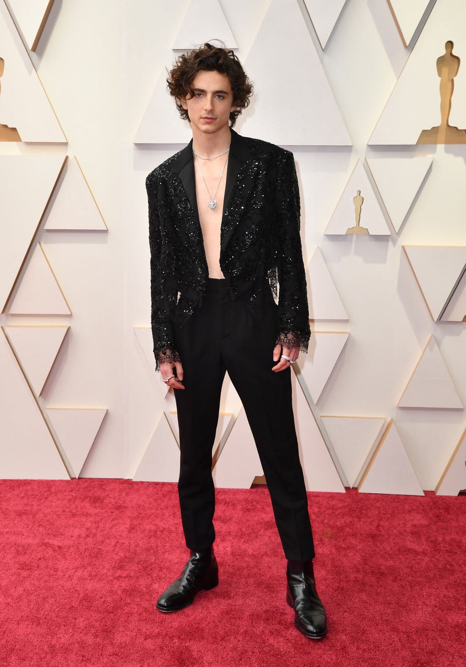 Timothée Chalamet Went Shirtless on the Oscars 2022 Red Carpet—See Pics