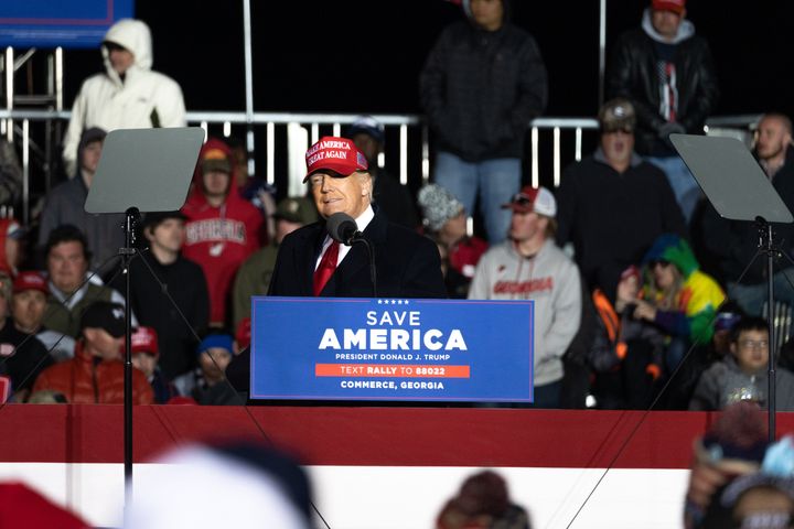 Former President Donald Trump speaks during a rally in Commerce, Georgia, on Saturday night. Two reporters in attendance say the turnout was small. 