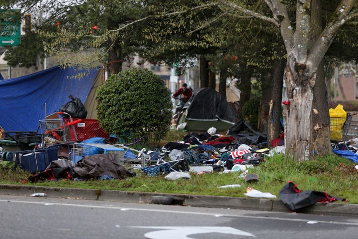 A homeless camp is seen after a vehicle crashed into it, killing several people, near Front Street Northeast, on March 27, 2022, in Salem, Ore.