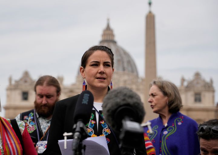 President of the Metis community, Cassidy Caron, speaks to the media in St. Peter's Square after their meeting with Pope Francis at The Vatican, on March 28, 2022. 