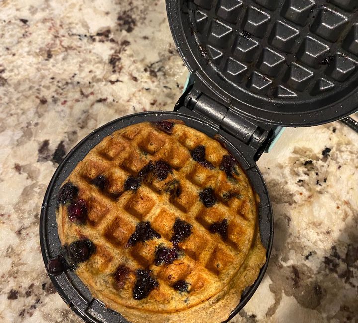 Making a late-night blueberry cinnamon waffle with the mini waffle maker that I'm obsessed with.