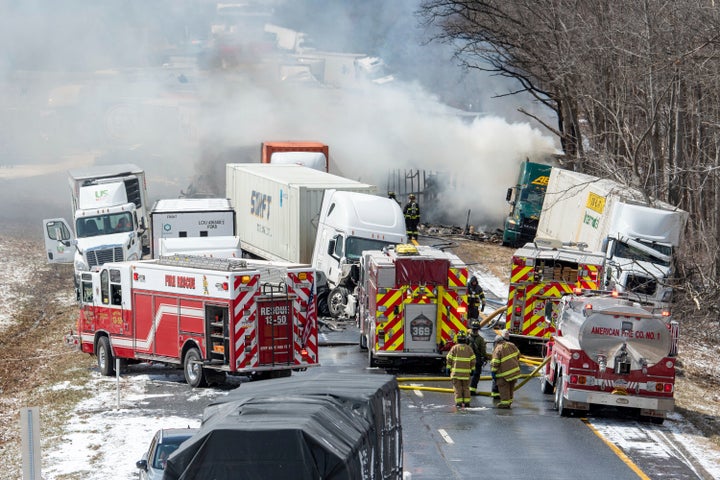 Interstate 81 North near the Minersville exit, Foster Twp., Pa., was the scene of a multi-vehicle crash on Monday, March 28, 2022. (David McKeown/Republican-Herald via AP)