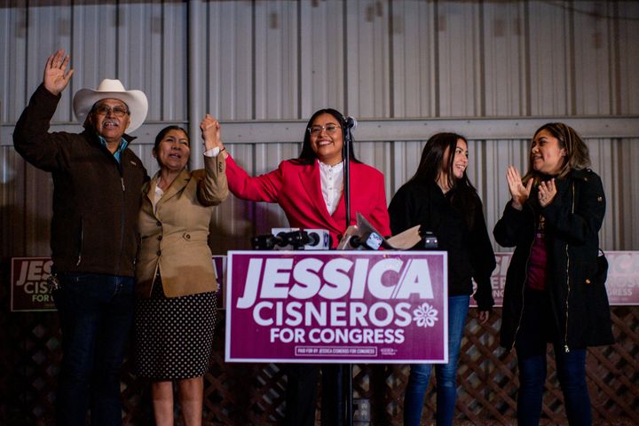 Jessica Cisneros, center, is running to Cuellar's left on a host of issues. But a central part of her pitch to voters is a call for new leadership amid persistent problems.