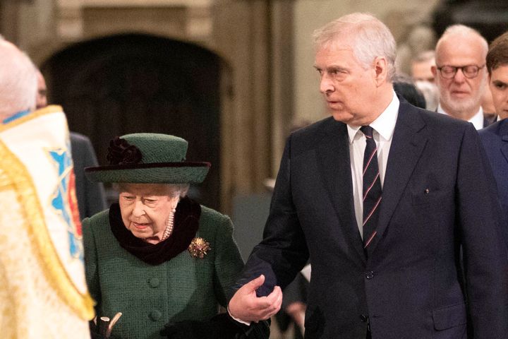 Queen Elizabeth and Prince Andrew arrive to attend a service of thanksgiving for Prince Philip at Westminster Abbey on March 29.