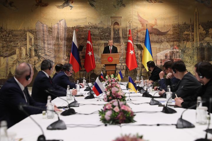 Turkish president Recep Tayyip Erdogan speaks ahead of the peace talks between delegations from Russia and Ukraine in Istanbul.