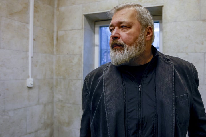 Novaya Gazeta newspaper editor-in-chief Dmitry Muratov talks to the media in front of the Novaya Gazeta building in Moscow, Russia after winning the Nobel Peace Prize 2021 on October 08, 2021.