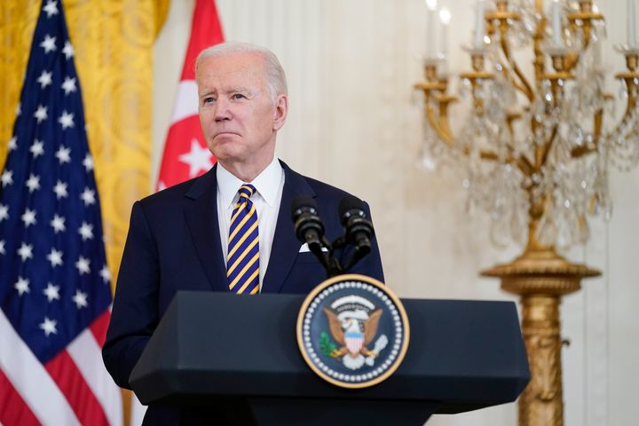 President Joe Biden listens to a reporters question in the East Room of the White House, Tuesday, March 29, 2022, in Washington. (AP Photo/Patrick Semansky)