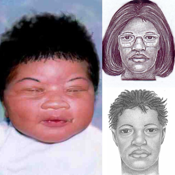 This composite image made available by the Jacksonville Sheriff's Office shows a photo of Kamiyah Mobley, an infant baby girl who was kidnapped by a woman, seen in separate sketches first provided by police in 1998 during the initial search.