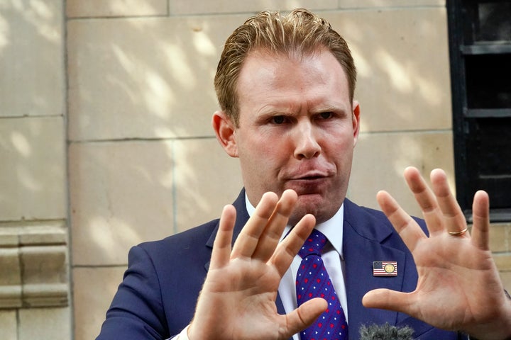 Andrew Giuliani, son of former New York City Mayor Rudy Giuliani, speaking to reporters on April 28, 2021, in New York. The gubernatorial hopeful reportedly made anti-trans statements over the weekend that included comments about his baby daughter's genitals.