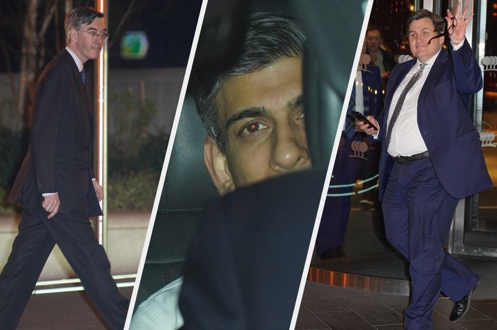 Conservative minsters Jacob Rees-Mogg, Rishi Sunak and Kit Malthouse leaving the Park Plaza Hotel, south London, where Conservative MPs were attending an event.