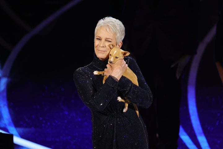 ホワイト氏追悼式で子犬を抱くジェイミー・リー・カーティス氏