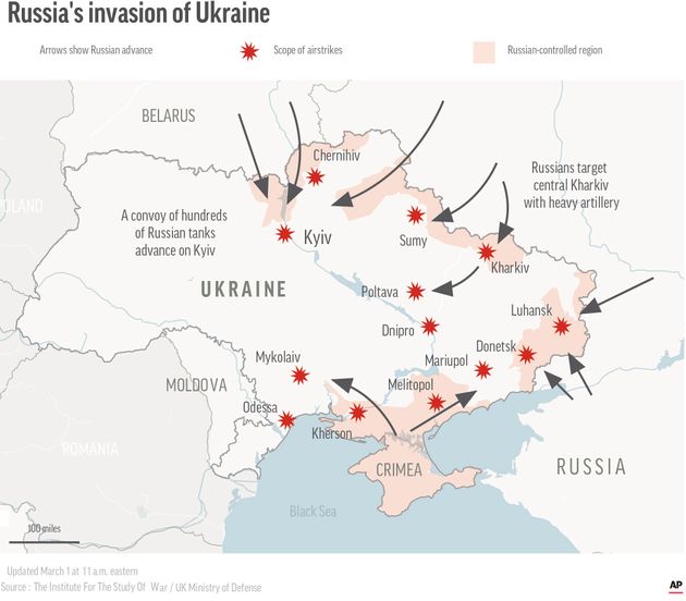 ロシア軍のウクライナへの軍事侵攻を図示したマップ（2022年3月1日時点）