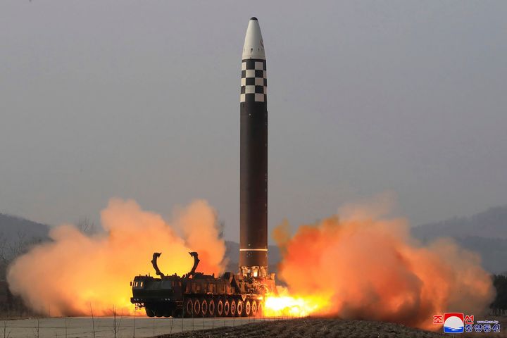 This photo distributed by the North Korean government shows what it claims is a test-fire of a Hwasong-17 intercontinental ballistic missile (ICBM), at an undisclosed location in North Korea on March 24, 2022.