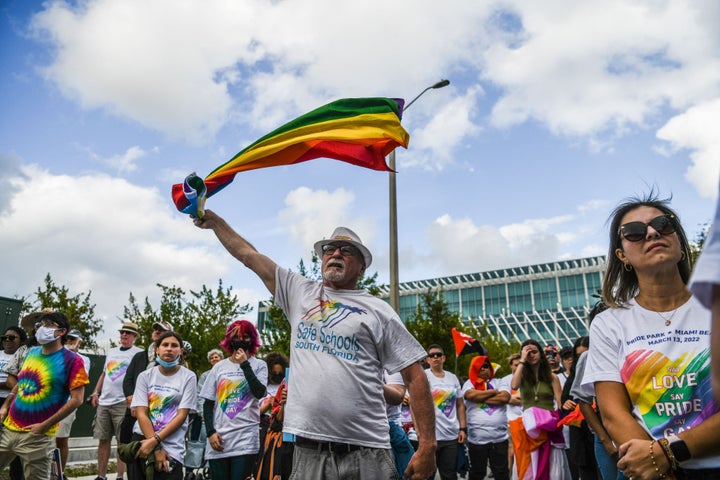 Members and supporters of the LGBTQ community attend the "Say Gay Anyway" rally in Miami Beach, Florida, on March 13, 2022.