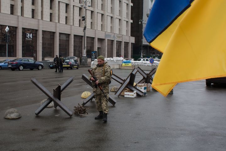 Ukrainian serviceman as seen on the checkpoint in the Independence Square in Kyiv, Ukraine.