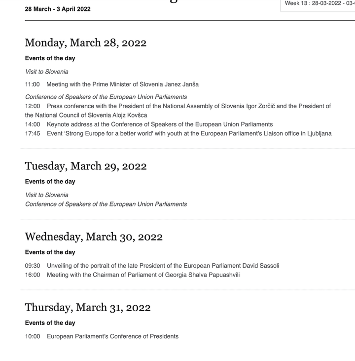 Agenda de Roberta Metsola de esta semana.