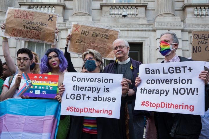 Campaigners against LGBT+ conversion therapy, including Jayne Ozanne of the Ban Conversion Therapy Coalition and veteran LGBT+ and human rights campaigner Peter Tatchell attend a picket outside the Cabinet Office and Government Equalities Office last year.