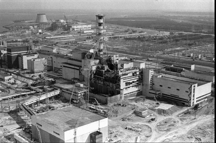 Aerial view of the Ukrainian Chernobyl nuclear plant, with damage from an explosion and fire in reactor four on that sent large amounts of radioactive material into the atmosphere on April 26, 1986.