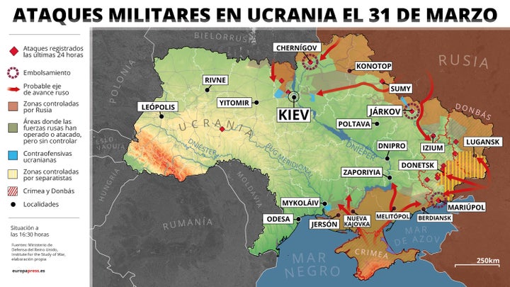 Gráfico con los últimos ataques y movimientos de tropas rusas en Ucrania.