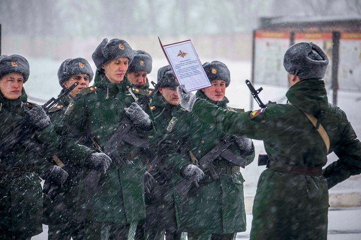Servicemen of the engineer-sapper regiment take the military oath in the Voronezh Region, Russia on Jan. 22, 2022.